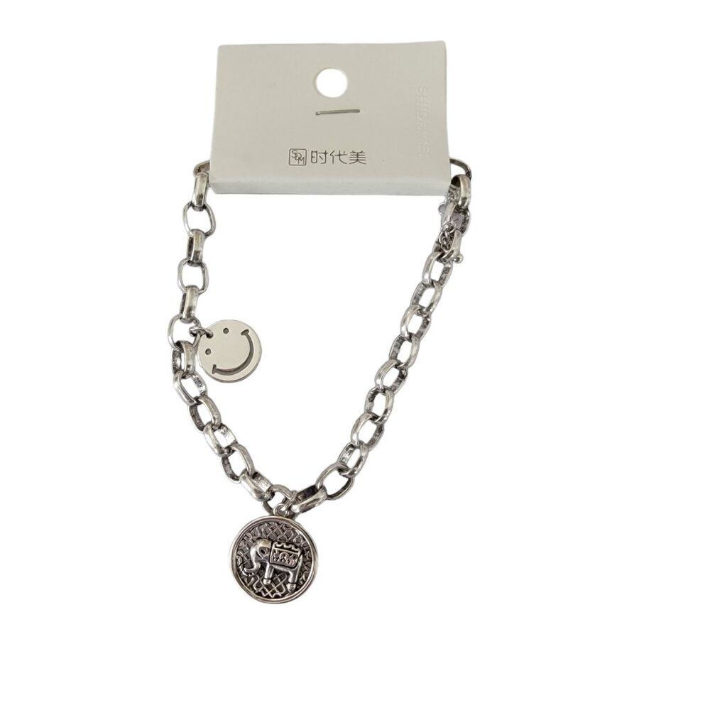 Silver Charm Bracelet w Elephant & Smile Face Charms